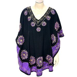 CCC Look Feel Like a Bohemian Goddess Black Purple Gold Embroidered Rayon Kaftan